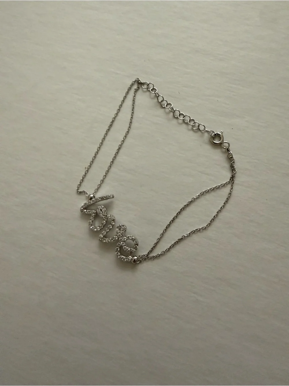 Sterling Silver 925 Italy Pavé CZ Script Love Double Chain Bracelet